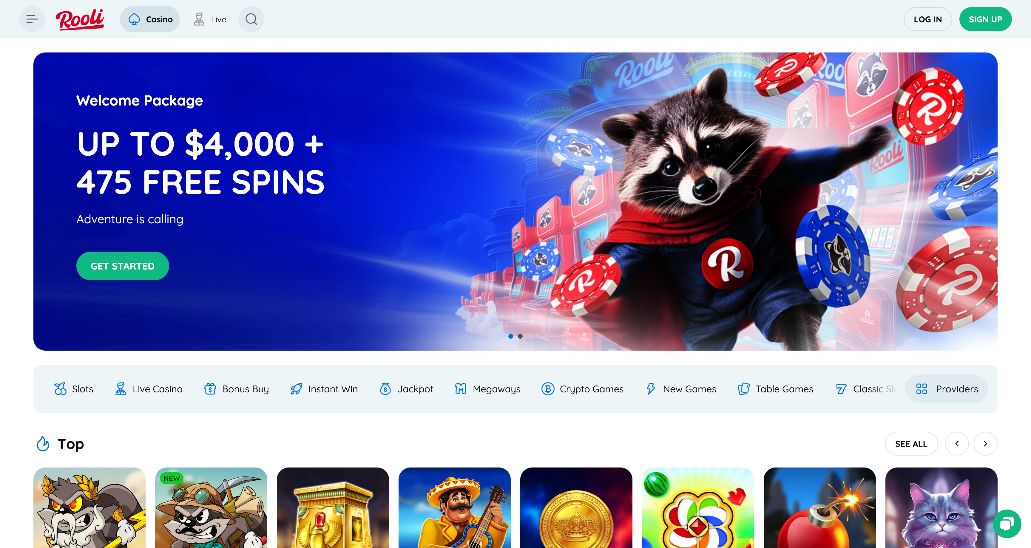 Screenshot of the Rooli Casino interface showing the welcome package and promo code field